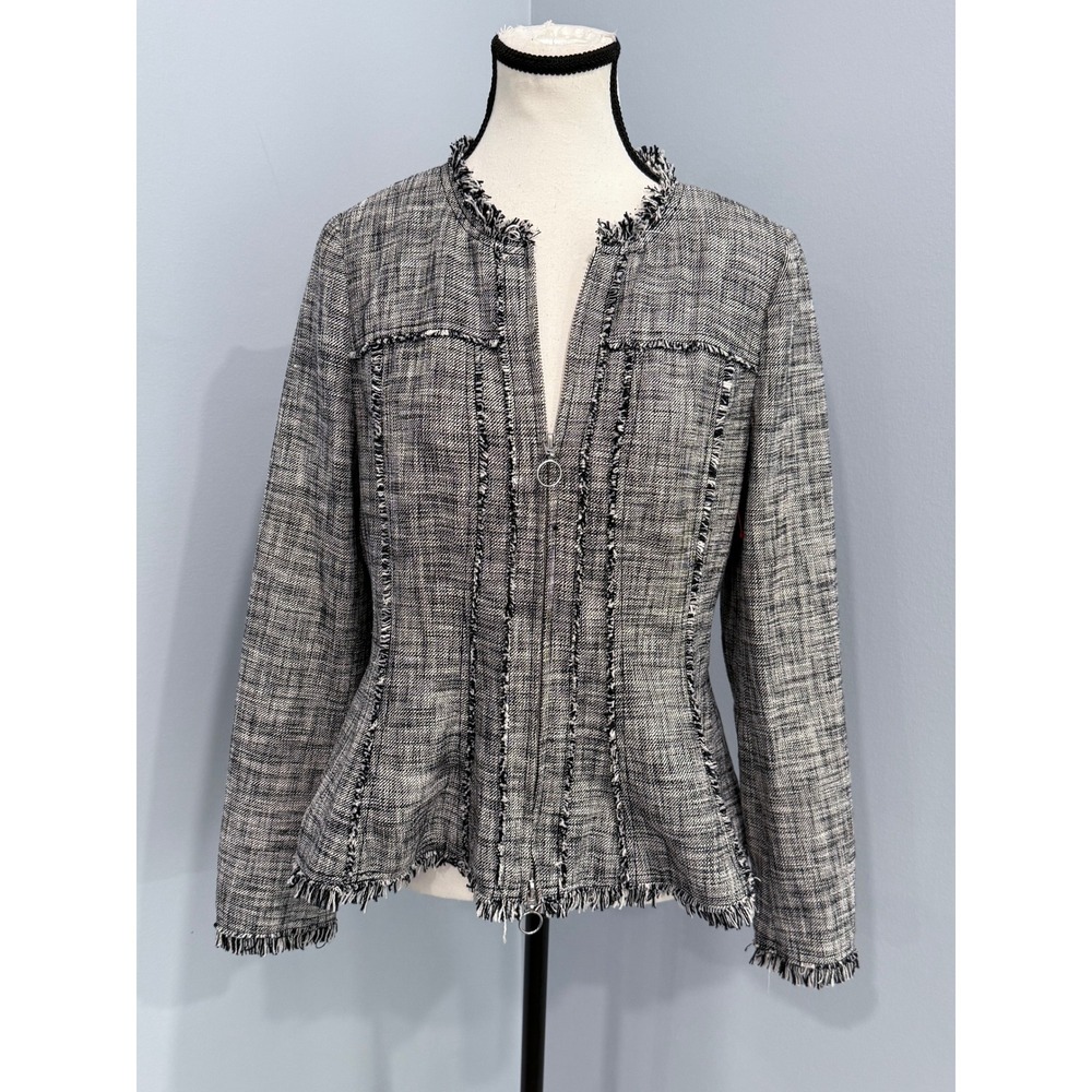 Rebecca Taylor Black White Tweed Fringe Peplum Zip Front Jacket Size 8 EUC